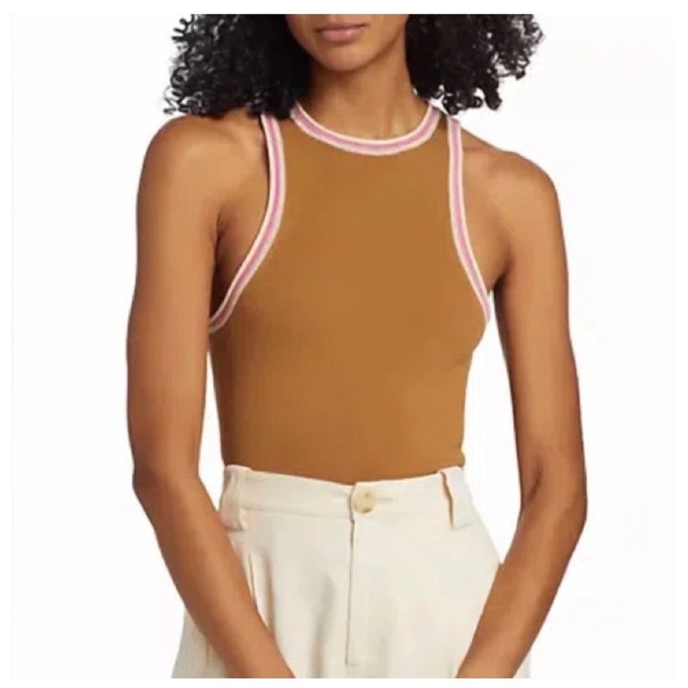 A.L.C. Milo‎ Camel Ribbed Knit Racerback Tank Top with Pink Trim - Size Small